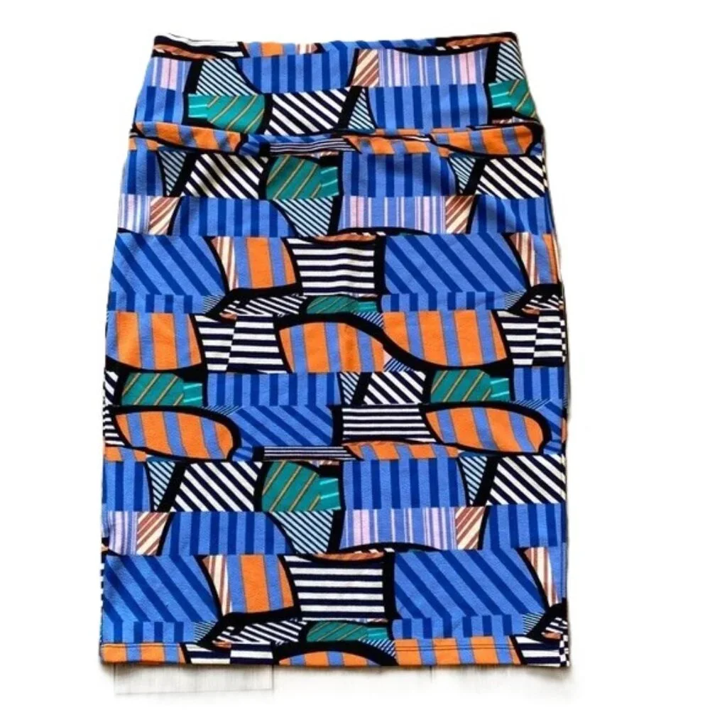 LuLaRoe Cassie Pencil Skirt Large Multicolor Geometric Stripe Festive Pull On St